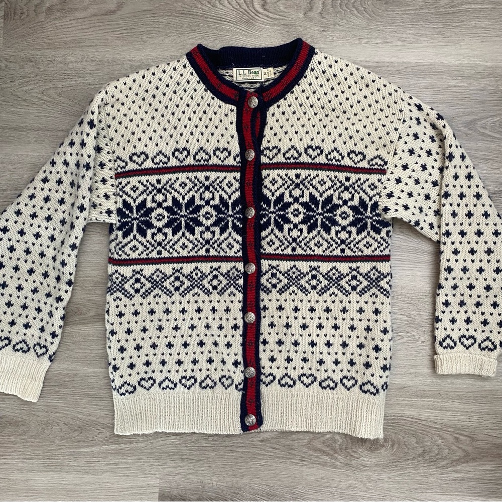 L.L. Bean Navy and Cream Patterned Cardigan